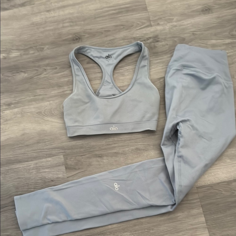Alo Yoga Light Blue Sports Bra and Leggings Set